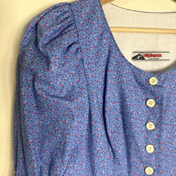 Vtg Alphorn Dress Womens Medium Floral Button Front Puff Sleeve Germany 80s - Picture 2 of 10